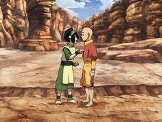 two cartoon characters are standing in the desert