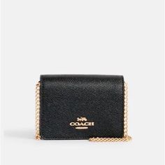 Nwt Coach Mini Crossbody Card Holder Black Compact Luxury Bag, Luxury Black Compact Bag, Luxury Compact Black Bag, Compact Leather Coach Bag, Compact Coach Leather Bag, Chic Compact Black Bag, Chic Black Compact Bag, Coach Luxury Crossbody Wallet On Chain, Luxury Coach Crossbody Wallet On Chain