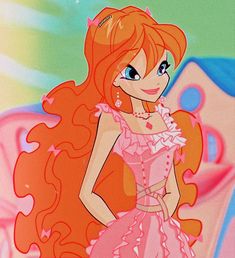 a cartoon character with long red hair and pink dress