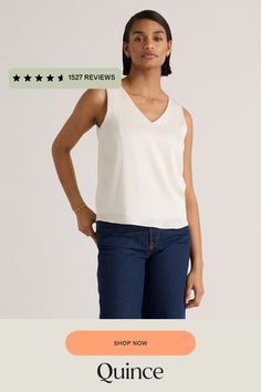 We're all about upgrading the essentials. This classic tank is made from washable silk, with a bit of stretch for the perfect fit. Effortless. A-line. No dry cleaning runs needed. Perfect for layering at the office or days lounging at home. Plus, silk fiber contains 18 kinds of amino acids that make it amazing for skin nourishment, hypo-allergenic, and naturally thermoregulating to help maintain body temperature. Also offered in sizes 1X - 3X.  | Quince | Women's 100% Washable Silk Stretch Tank Silk Tank Top For Workwear In Spring, Silk Tank Top For Workwear In Summer, Silk Tank Top For Workwear And Summer, Elegant Spring Tank Top For Everyday, Classic Sleeveless Camisole For Spring, Classic V-neck Tank Top For Summer, Classic Sleeveless Spring Camisole, Classic Spring Camisole, Relaxed Fit Tank Top For Spring Workwear