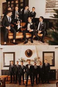 classy bachelor pad photos in the getting ready room Tux Groom Suit Groomsmen, Groomsmen Suit Color Ideas, Mens Wedding Attire Black, Black Suit Wedding Party, Grooms Black Suit, Black Tie Wedding Groomsmen, Black Suit Black Tie Groomsmen, Tuxedo Wedding Party, Black Tie Groomsmen Attire