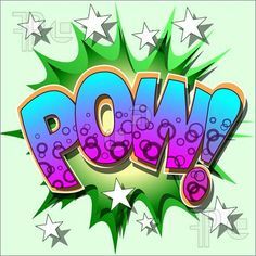 the word pow is written in purple and blue with stars around it on a green background