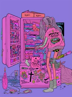 a drawing of a girl standing in front of a pink refrigerator with lots of stuff on it