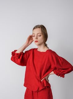 "So beautiful and romantic blouse for you. Simple design - just the wide sleeves with ruffles and nice square form neck - looking stunning - wide sleeves BLOUSE DETAILS: -Square neck and oversize fit. -Blouse with 3/4 length wide sleeves finished with elastic and ruffles -Blouse length at back - 59 cm ( 23\") -Made in certified by OEKO-TEX standard linen (no harmful substances) -Item washed and softened You can wear at home, for work at garden, for weekends picnics and special occasions On main Linen Pajama Set, Wide Cropped Pants, Linen Pants Suit, Oversized Linen Shirt, Pants And Top, Linen Pajamas, Romantic Blouses, Raspberry Red, Chic Blouses