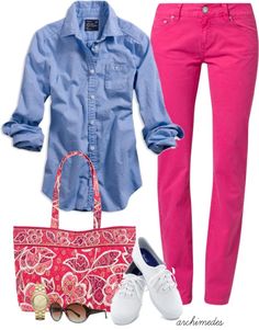 "A Touch of Spring" by archimedes16 on Polyvore Pink Pants Outfit, Hot Pink Pants, Looks Jeans, Pink Jeans, Pink Pants, Casual Work Outfits, Chambray Shirt, Outfits Casuales