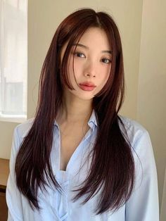 Korean red brown hair color: long and sleek hair with Hime bangs Hair Color Ideas Non Bleach, Red Brown Hair Color Asian, Korean Hair Colour Ideas, Korean Hair Color 2024, Hair Color Ideas Japanese, Asian Dark Red Hair, Asian Auburn Hair