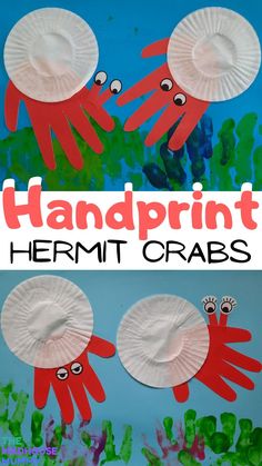 handprinted paper plate with two red hands on it and the words, hermit crabs