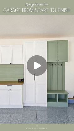 the garage from start to finish video is displayed in front of white cabinets and green cupboards