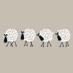 three sheep are walking in opposite directions with one carrying a bag and the other carrying a purse