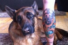 a dog sitting on the floor next to a person's leg with tattoos on it