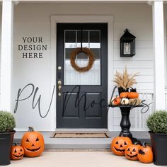 two pumpkins sitting on the front steps of a house with a welcome sign above them