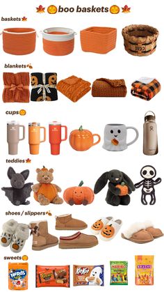 an assortment of halloween items including pumpkins, cookies, and other things that are on display