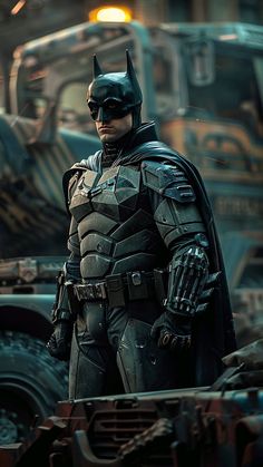 the dark knight batman stands in front of an armored vehicle