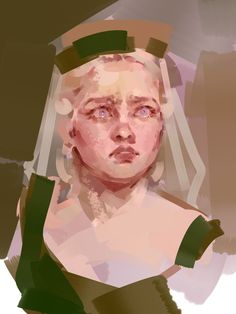 a digital painting of a woman with blue eyes and blonde hair wearing a green dress