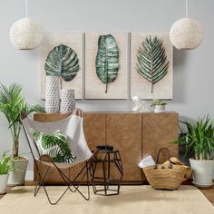 a living room filled with lots of plants next to a wall mounted on the wall