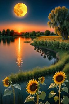 sunflowers are growing near the water at sunset