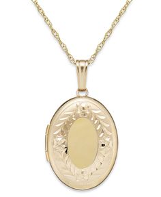 An heirloom-worthy keepsake. This polished necklace features an oval locket replete with intricately engraved detailing. Crafted in 14k gold. Approximate length: 18 inches. Approximate drop: 1-1/5 inches. Luxury Hallmarked Jewelry, Classic Oval Jewelry For Formal Occasions, Timeless Oval Jewelry With Shiny Finish, Timeless Yellow Gold Oval Jewelry, Luxury Oval Locket Jewelry, Classic Yellow Gold Jewelry From Macy's, Formal Oval Link Jewelry With Polished Finish, Macy's Classic Yellow Gold Jewelry, Elegant Oval Engraved Necklace