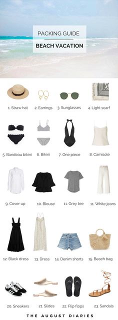 the beach vacation packing guide is shown in this graphic style, which includes clothing and accessories