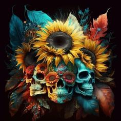 two skulls with sunflowers and leaves on their heads are shown in this artistic photo