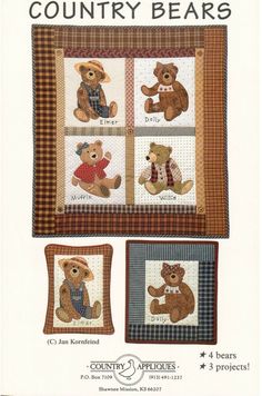 an image of a teddy bear quilt pattern with four bears on the front and back