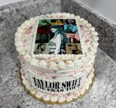 the cake is decorated with photos of taylor swift