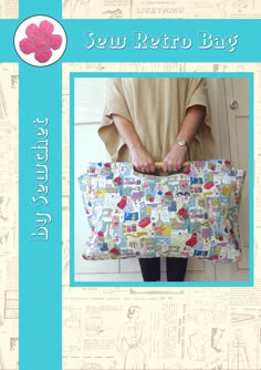 a woman is holding a bag made out of fabric and sewing material with the words you retro bag written on it