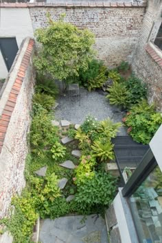 an aerial view of a small garden in the middle of a building with lots of greenery