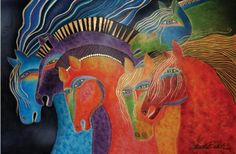 three horses with different colors and patterns on their faces are depicted in this colorful painting