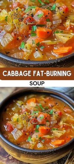 two pictures side by side of cabbage and carrot soup