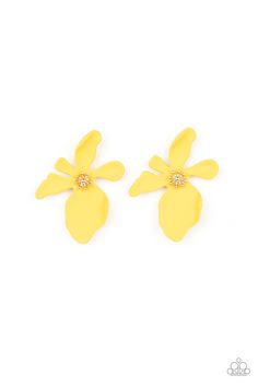 Featuring a golden studded center, asymmetrical Illuminating petals bloom into an abstract flower for a tropical inspired look. Earring attaches to a standard post fitting.

 Sold as one pair of post earrings. White Petals, Yellow Jewelry, Tropical Design, Yellow Earrings, Abstract Flower, Jewelry Images, Paparazzi Accessories, Paparazzi Jewelry, White Earrings