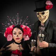 Santa Muerte Crown and Top Hat with Skull Mask for Halloween Couple Pink Flowers Santa Hat Skull, Skull Santa, Festival Face Paint, Mask For Halloween, Gothic Crown, Halloween Couple, Festival Face, Halloween Masquerade, Skull Mask