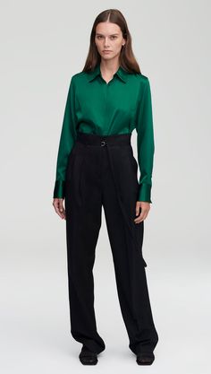 Made of a stretchy silk satin, this slim fit blouse is sure to become a daily favorite. The lightweight, airy silhouette allows for comfortable movement and natural stretch. Easy to tuck and style with your favorite pair of trousers or skirt. Pink Pigeon, Silk Turtleneck, Turtleneck Blouse, Emerald Style, Lapel Blazer, Fitted Blouses, Brown Plaid, Wool Plaid, Get Dressed