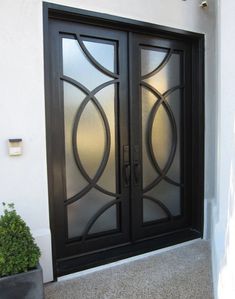 a black double door with glass panels on the side of it and a potted plant in front