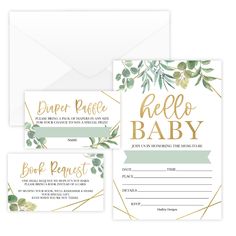 three baby shower cards with gold foil lettering and greenery on the front, two envelopes