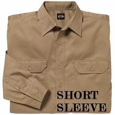 KEY BRAND MEN'S TWILL KHAKI UNIFORM SHIRT - SHORT SLEEVE.  WATER AND STAIN REPELLENT FINISH -  55% COTTON/ 45% POLYESTER 5.5 OZ. TWILL FABRIC -  DOUBLE NEEDLE STITCHING WITH MATCHING THREAD -  MATCHING BUTTON FRONT CLOSURE- EXTRA BUTTON ON FRONT HEM -  2 CHEST POCKETS WITH MITERED FLAP CLOSURE - LEFT WITH PENCIL SLOT -  PLEATED BACK YOKE -  DOUBLE BUTTON ADJUSTABLE CUFF WITH FINISHED DOGHOUSE PLACKET -  BANDED COLLAR - COLLAR STAYS Fitted Long Sleeve Camp Shirt Casual, Fitted Long Sleeve Casual Camp Shirt, Uniform Shirt, Uniform Shirts, Collar Stays, Twill Fabric, Chest Pocket, Casual Button Down Shirts, Repellent