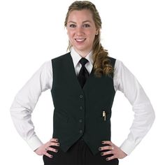 Affordable, stylish, and professional, this Henry Segal women's hunter green basic server vest is the perfect way to complete your staff's uniforms. This vest makes it easy to ensure sophisticated uniformity in your high-end restaurant, banquet hall, casino, or catering operation. This vest is fully lined and tailored specifically for women with two front darts so your staff always look their best. It also has a full cloth back for a polished, professional look and a four-button front with match Women In Tie, Restaurant Aprons, Women Wearing Ties, Staff Uniforms, Women Ties, Women Hunters, Banquet Hall, Professional Look, Hunter Green