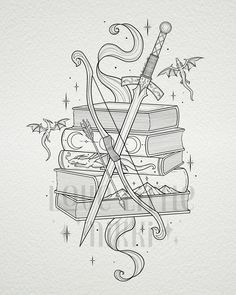 a drawing of scissors and books on top of each other with stars in the background