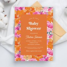 an orange and pink floral baby shower card