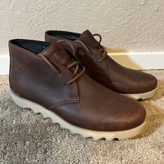 I Think My Husband Wore These For About One Hour Once. He Has Way Too Many Shoes So We Are Selling A Few Mens Boots Sorel, Brown Semi-formal Chukka Boots With Rubber Sole, Leather Boots, Men's Shoes, Man Shop, Cream, Boots, Leather, How To Wear