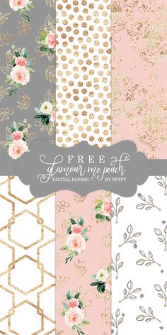 four different floral patterns with gold foil on them