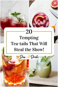 Collage of 4 tea cocktails. Tea Cocktails Non Alcoholic, Tea Alcohol Drinks Cocktails, Tea And Gin Cocktail, Alcohol Infused Food Recipes, Jasmine Tea Cocktail, Edible Flower Cocktails, Boozy Tea Drinks, Boozy Tea Party Ideas, Fancy Tea Drinks