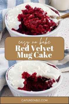 red velvet mug cake with white frosting in two bowls