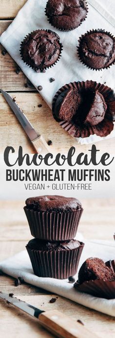 chocolate buckwheat muffins on a white napkin with knife and fork