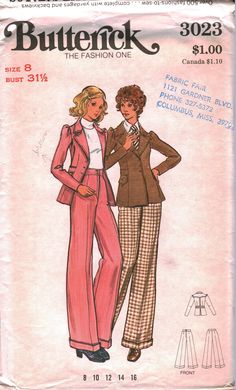 Sewing Pattern Butterick Jacket / Pants Publication Year: 1970s Pattern Condition - CUT - Please see missing piece policy below Cover Condition - Worn / Discolored / Mildly Torn Pattern Number: 3023 SIZE: 8 Please watch for straight pins in our cut patterns. I do try to pull them out, but I am sure I miss them occasionally. Thank you for looking at my listing! Please check out my other auctions for more great vintage and new sewing patterns. I love to combine shipping and accept best offers on m 70s Sewing, 1970s Jacket, 70s Sewing Patterns, Suit Sewing Patterns, Vintage Clothes Patterns, Outfit Drawing, 1970s Sewing Patterns, 1970's Fashion, Fashion Reference