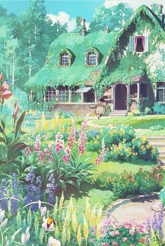 a painting of a house in the middle of a garden with flowers and plants around it