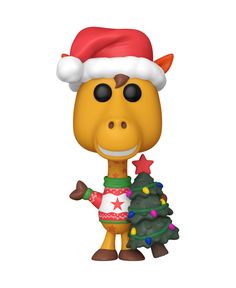 a yellow giraffe wearing a santa hat and holding a christmas tree pop vinyl figure