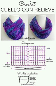 the crochet scarf is shown with instructions to make it in purple and blue