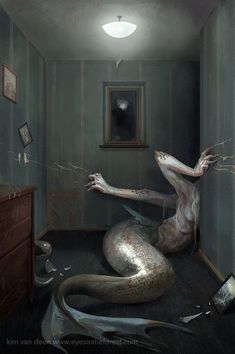 a painting of a creepy creature in a room