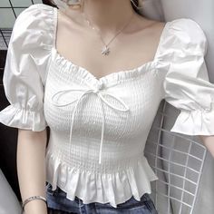 SIZE TABLEMeasurement in CMSIZELengthSleeveBustShoulderS45178835M46189236L47199637XL482010038NOTE: 1.Please strictly follow the size chart to select the size. Do not select directly according to your habits. 2. The size may have 2-3 cm differs due to manual measurement. Please note when you measure. Puffed Sleeves Top, Summer French Style, Lehenga Blouse Designs, Tailored Clothes, Fashion Top Outfits, Lace Tie, Coachella Valley, Cropped Blouse, Woman Suit Fashion