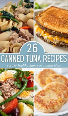 the cover of 26 canned tuna recipes is shown in four different pictures, including an egg and cheese sandwich